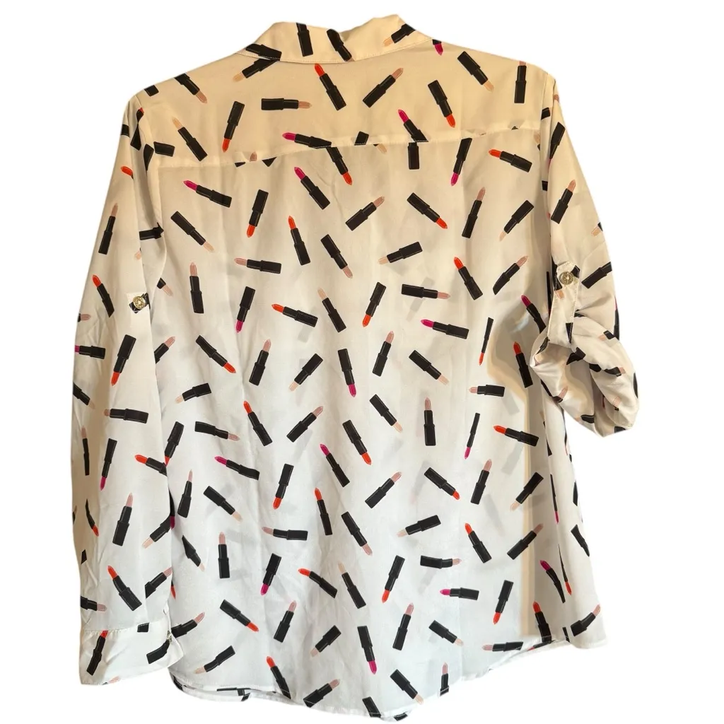 Karl Lagerfeld Paris Women’s White Lipstick Pattern Button Down Shirt Size XL - Image 5