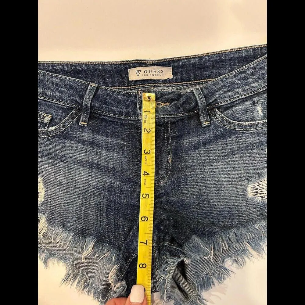 WOMEN'S GUESS CUT OFF DISTRESSED DENIM JEANS SHORTS Dark Blue Sz 26 Stretch Low - Image 3