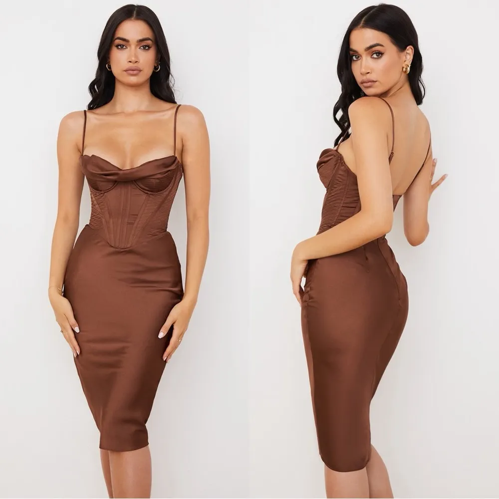 House of CB • Myrna Chocolate Satin Corset Slip Dress brown bustier boned bodice - Image 12