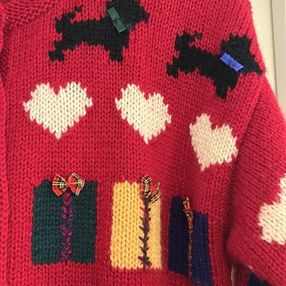 Vintage holiday Christmas wool sweater cardigan. Scotty dogs Red Size M - Image 2