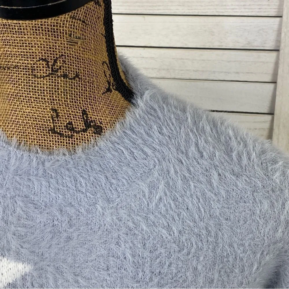 Cliche‎ Stars Fuzzy Crop Pullover Sweater Blue White Medium - Image 5