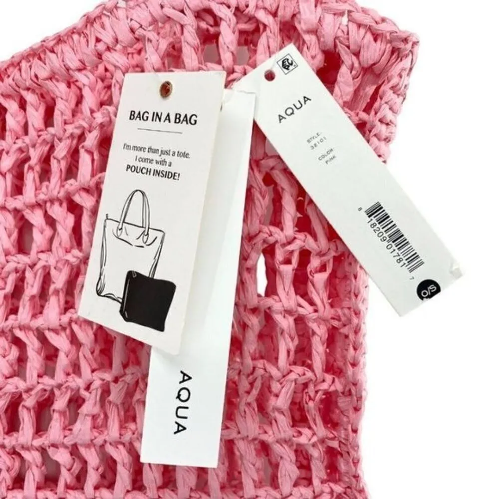 Aqua Crochet Tote Bag With Matching Pouch in Pink New - Image 3