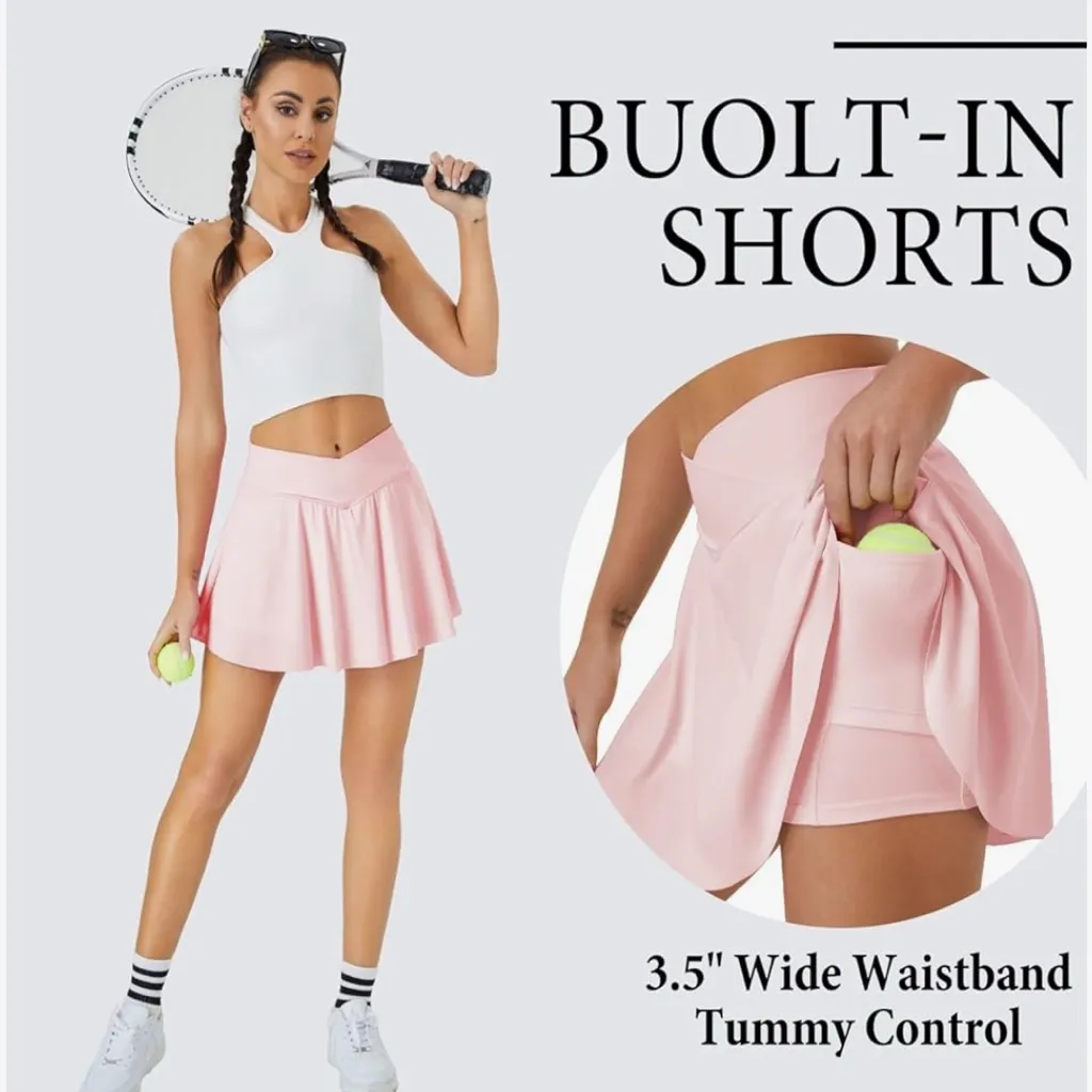 NEW Tennis Skirt w/ Pockets Shorts Crossover High Waisted Athletic Skort Golf L Pink Size L - Image 7