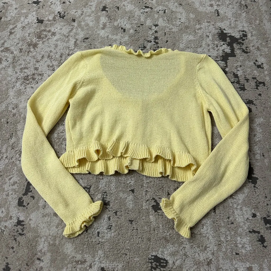 Lulus Impressively Sweet Light Yellow Ruffled Cropped Cardigan Size Large - Image 3