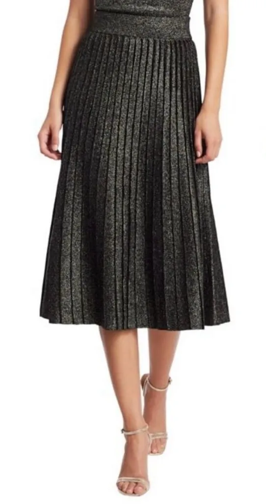 Elie Tahari Metallic Black pleated knit pull elastic waist on Midi Skirt, size L - Image 1