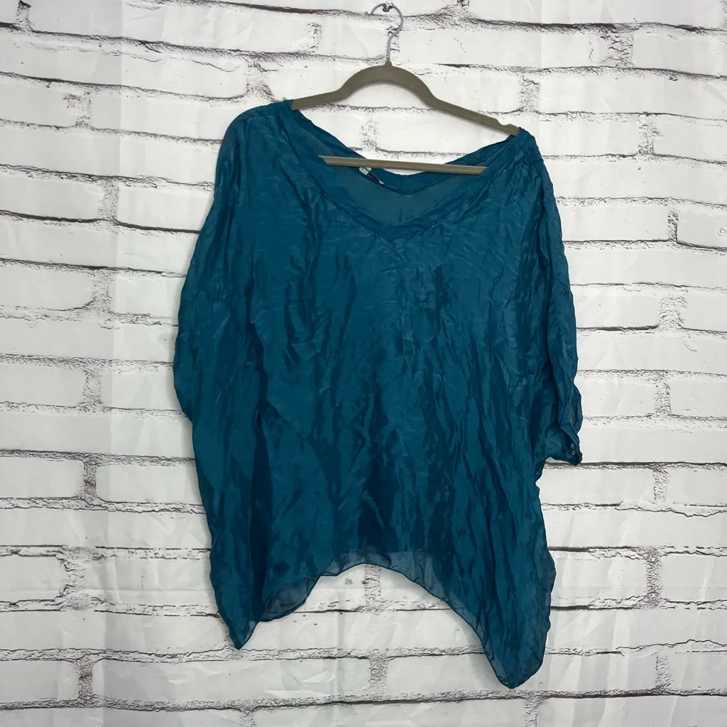 Tempo Paris Teal Crinkle V-Neck Tunic Top Women’s S Boho Oversized Asymmetrical - Image 6