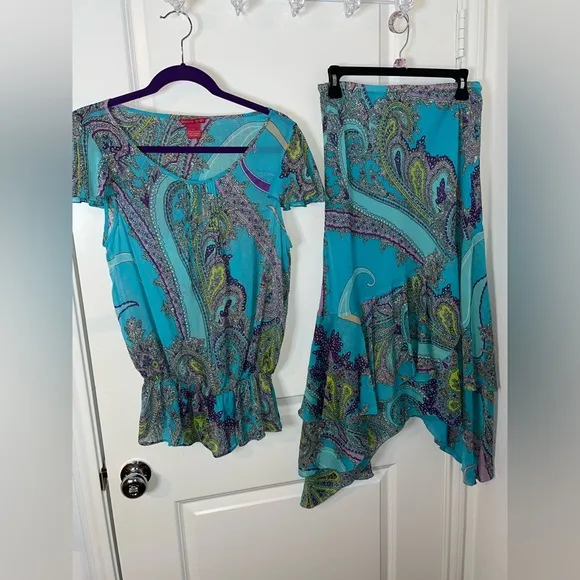Sunny Leigh Vintage Y2K Blue Paisley Print Handkerchief Skirt and Top Set Sz Med - Image 2
