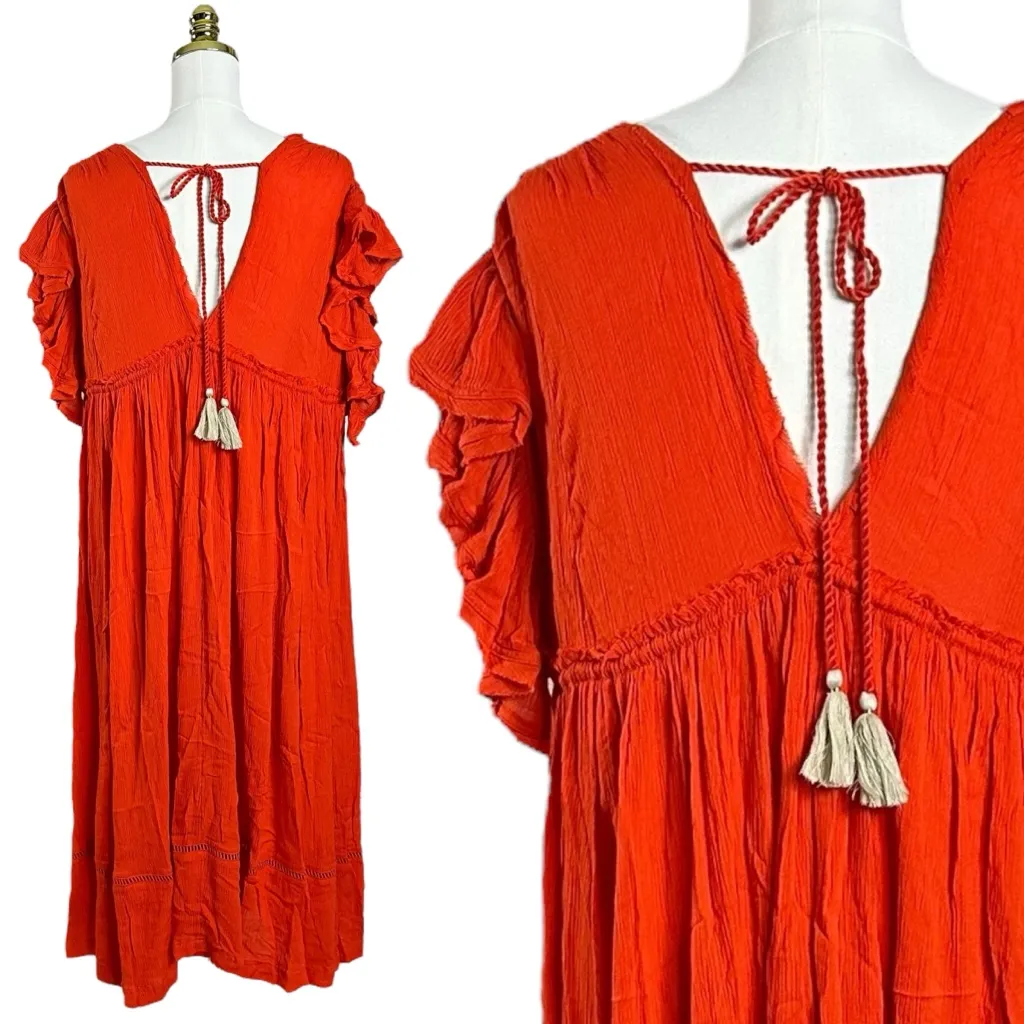 Free People Bohemian Folklore 70s Bali Embroidered Midi Dress Kimono Red Small - Image 9