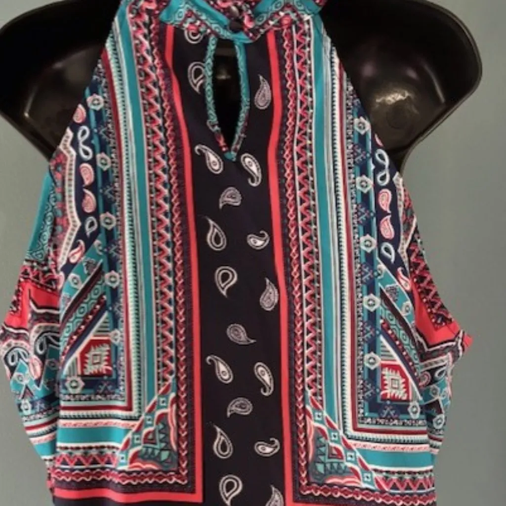 Life Style Petites XL Blouse Sleeveless Paisley Boho Pink Navy Keyhole Career Blue Size undefined - Image 3