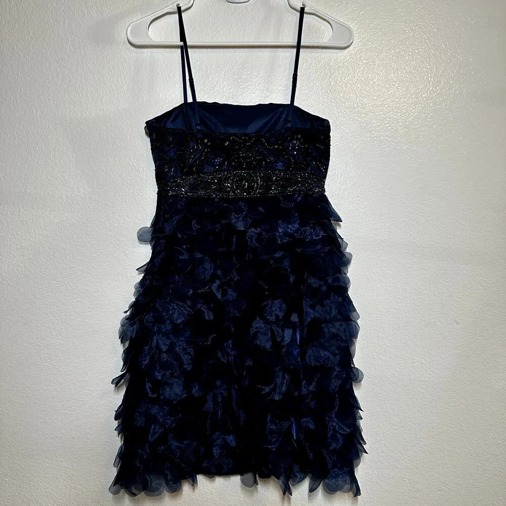 Sue Wong Nocturne Beaded Sheer Petal Sheath Cocktail Dress Ruffled Navy 2 - Image 5