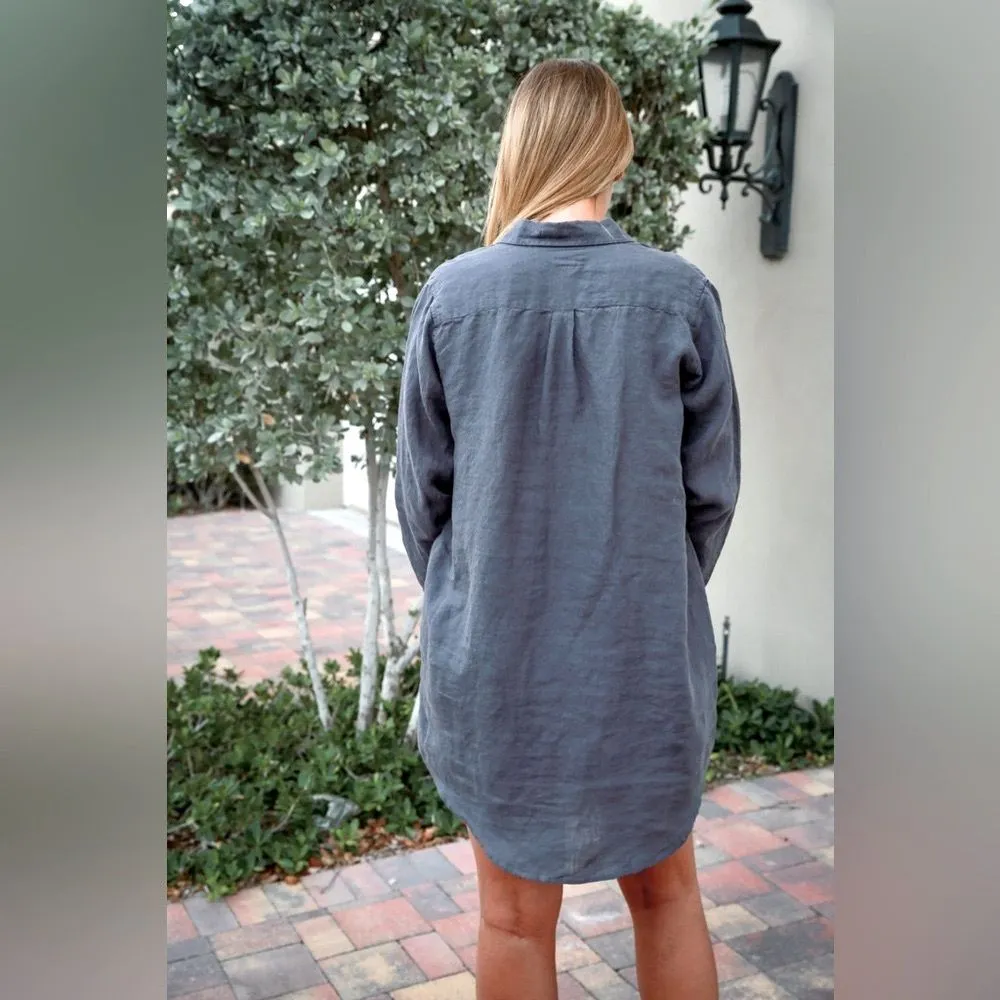 Vikolino European Linen Shirt Dress Women's Small Classic Button Down Lagenlook Gray - Image 13