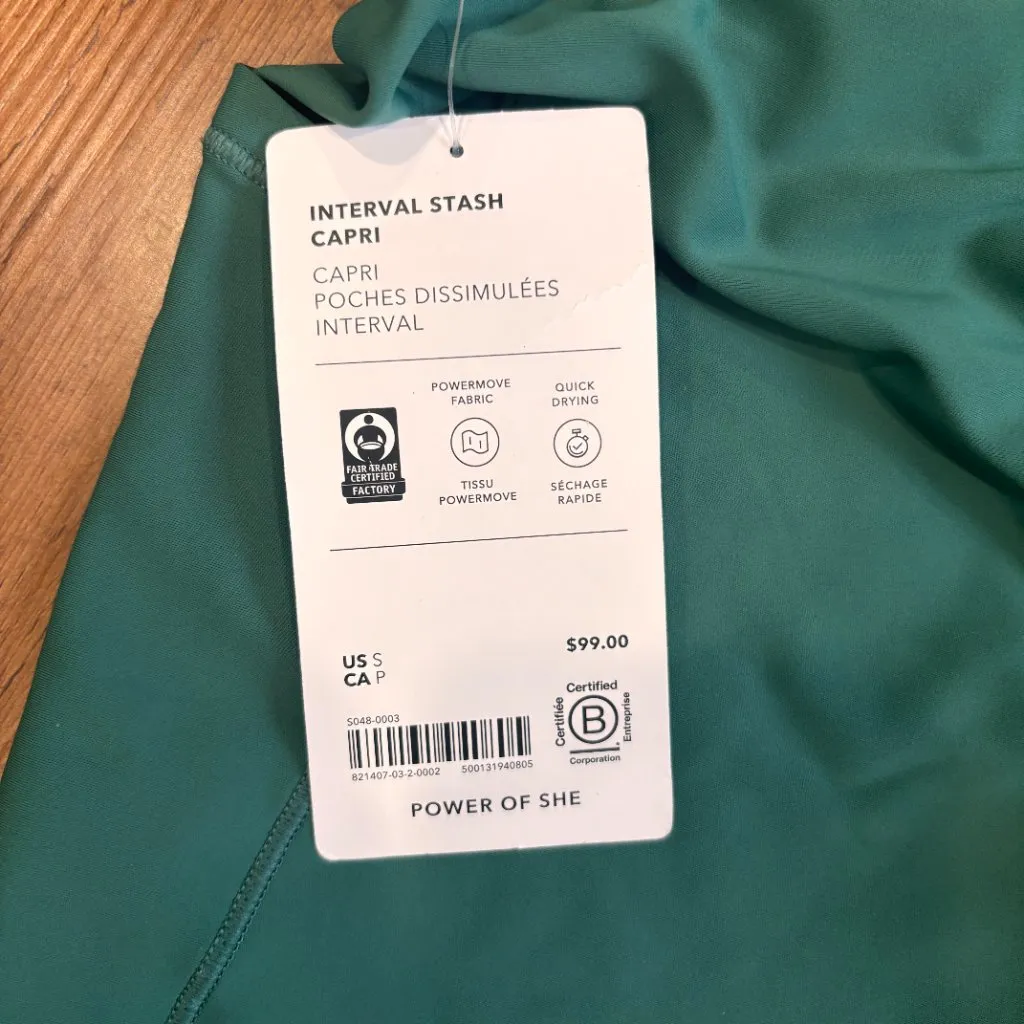 NWT ATHLETA Interval Stash Capri Workout Size Small - Green (SEE FLAW) Athletic - Image 4