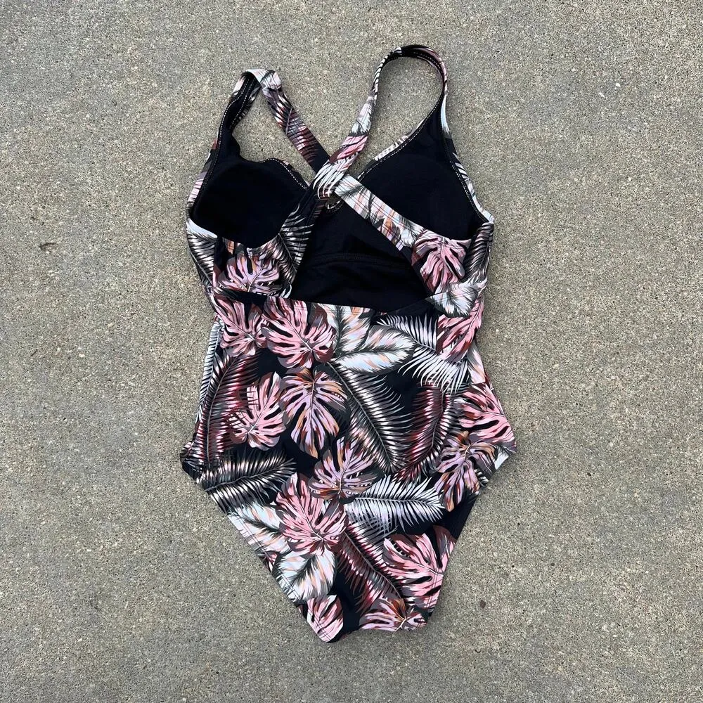 Hurley pink gray black palm leaf tropical cross back one piece swimsuit MEDIUM - Image 3