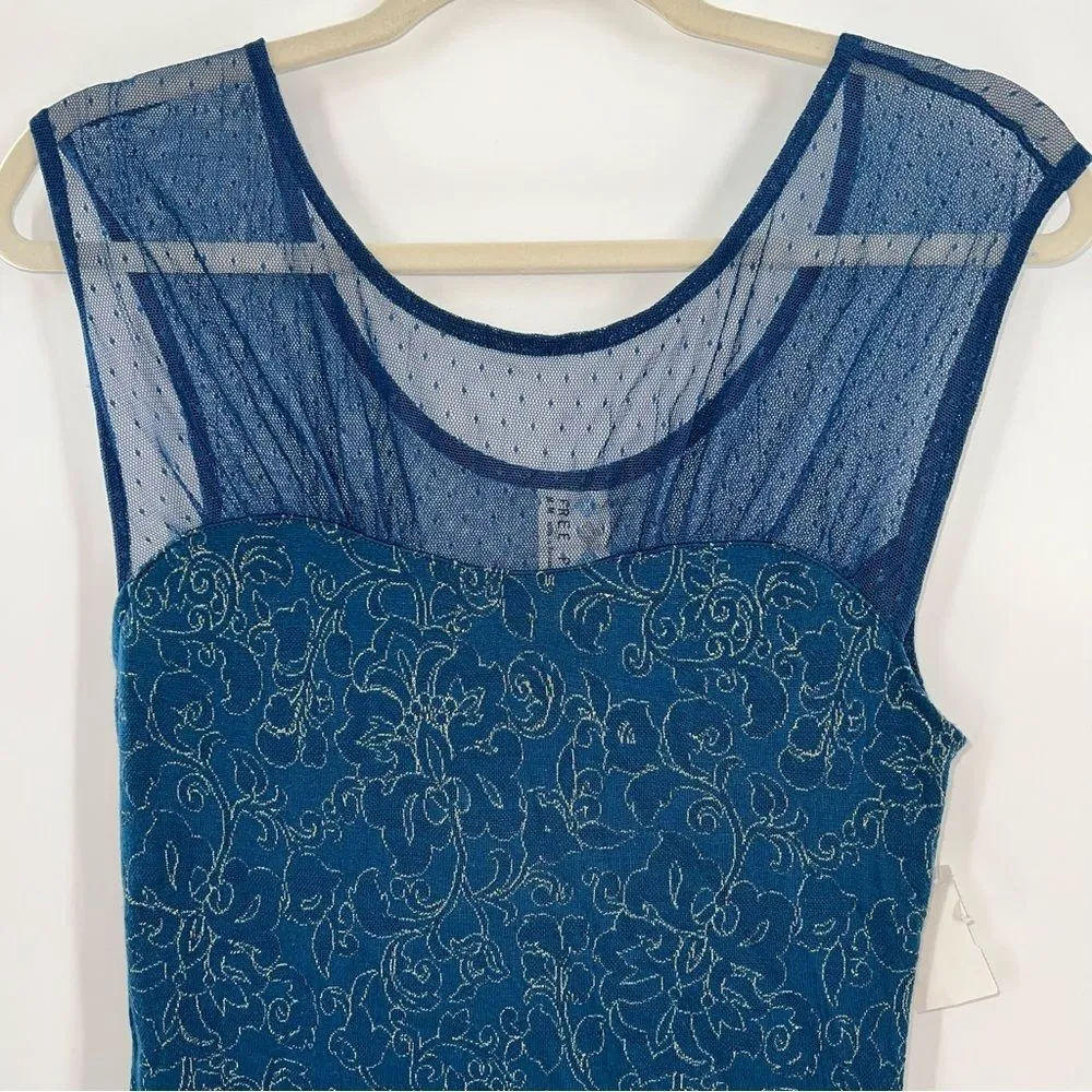 Free People Mini Dress in Blue w/Gold Metallic Floral Pattern Net @Neckline-Sz M - Image 4