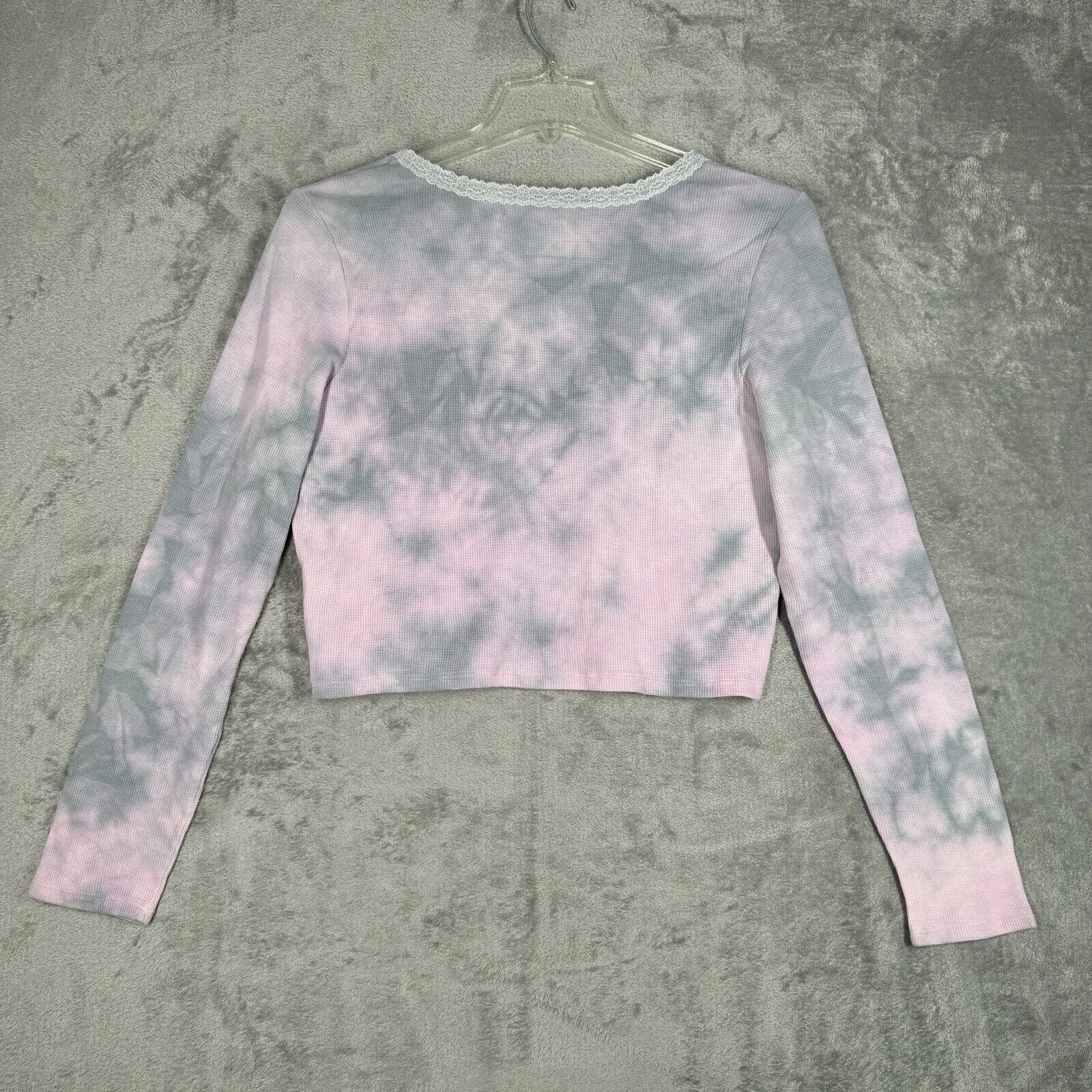 American Eagle Shirt Womens XL‎ Pink Gray Waffle Knit Crop Thermal Casual Lounge - Image 3