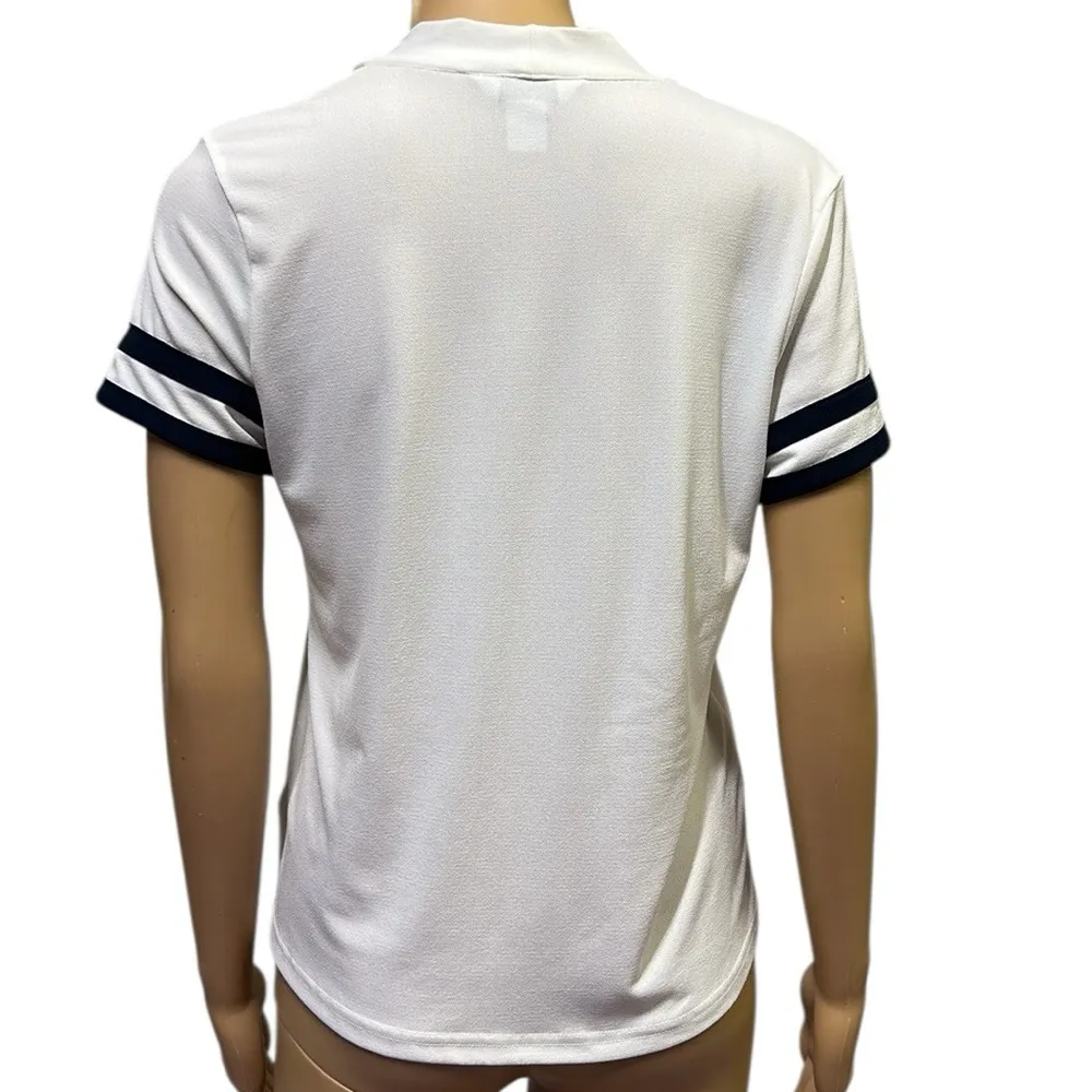 Liz Claiborne Vintage White with Navy Detail Tie Neck Short Sleeve Top Petite S - Image 8