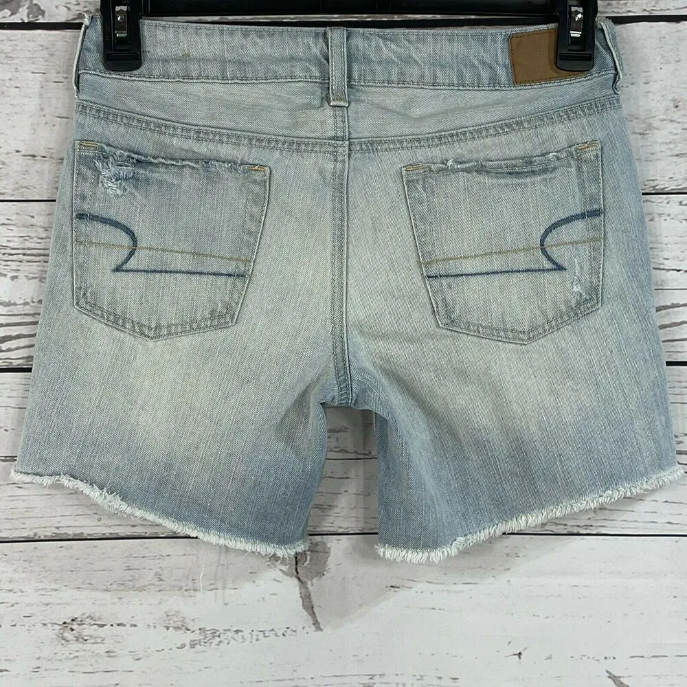 American Eagle SZ 29 Waist Boy Midi Jean Shorts Mid-Rise Distressed Raw Hem Blue - Image 4