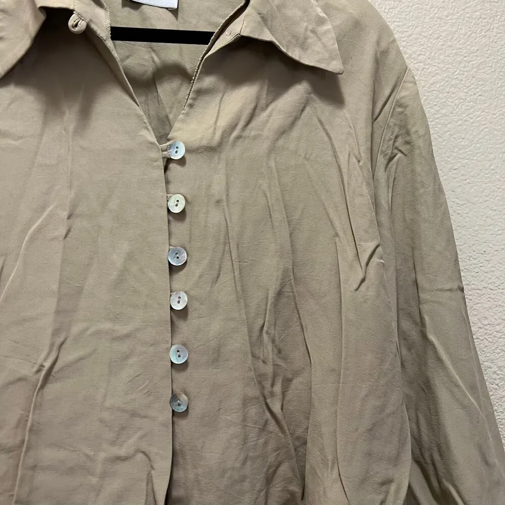 Vintage Laggenlook Linen Button Down Shirt Beige Long Sleeve Blouse Sz M Size M - Image 5