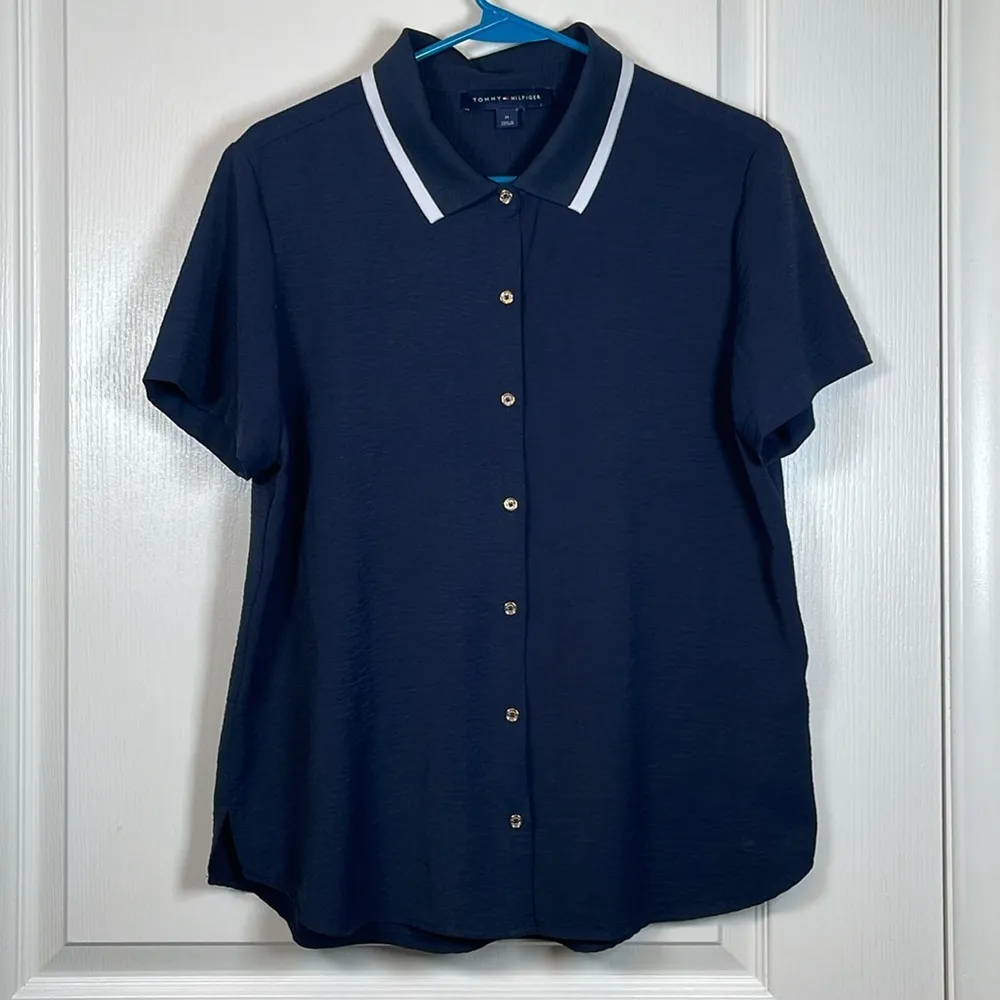 Tommy Hilfiger Navy Blue Collar Button Down Blouse Size Medium EUC #2892 - Image 2