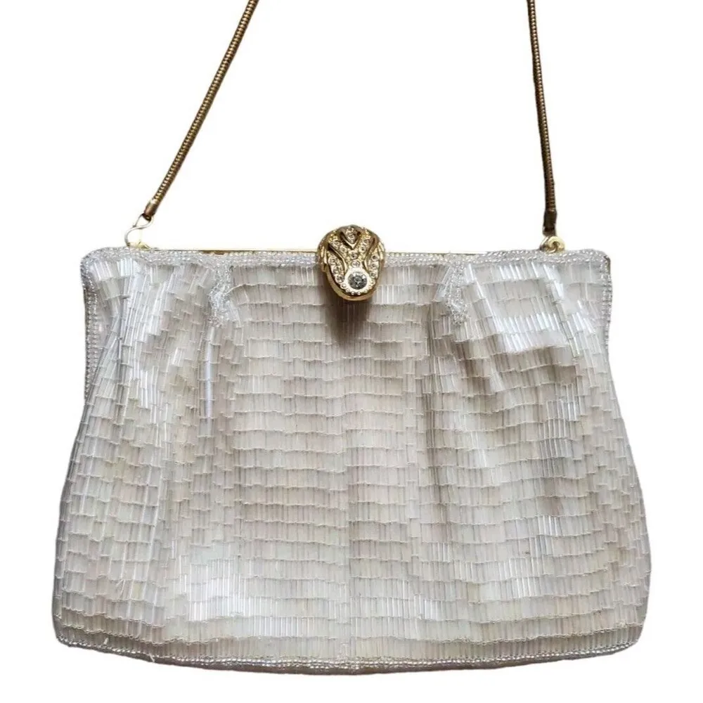 VTG La Regale Beaded Handbag Pearl White Tone Pouch Hinge Purse Crossbody Bag - Image 2