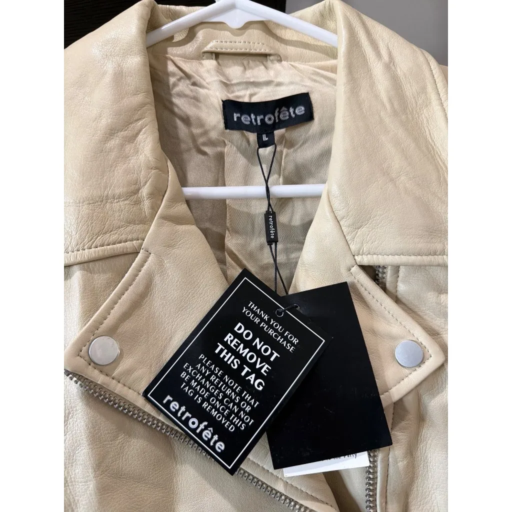 retrofete Lo Leather Biker Jacket Cream Womens Size Large Tan - Image 6