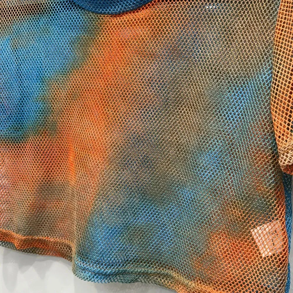 Women's Orange Blue Sheer Tie Dye Short Sleeve Crop Top Sz Large - Image 2