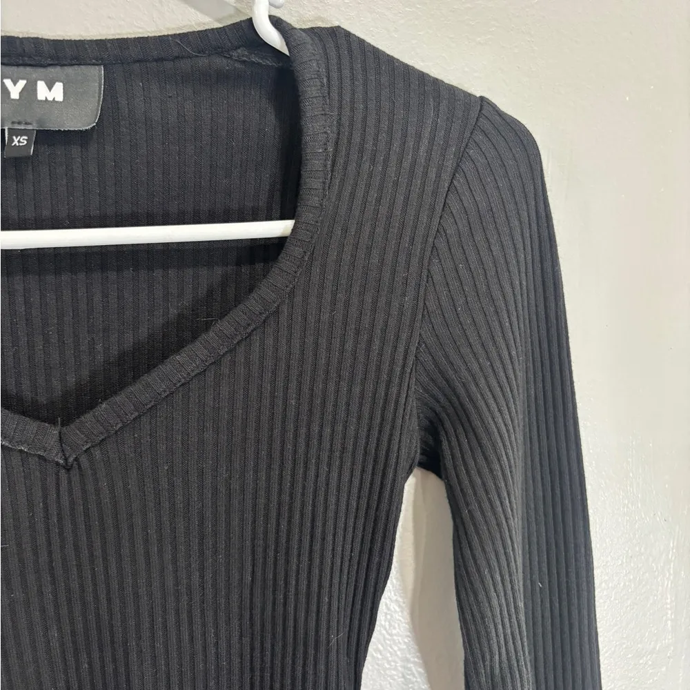 AYM Sweater Bodycon Ribbed Long Sleeve V Neck Cotton Blend Mini Dress XS Black - Image 3