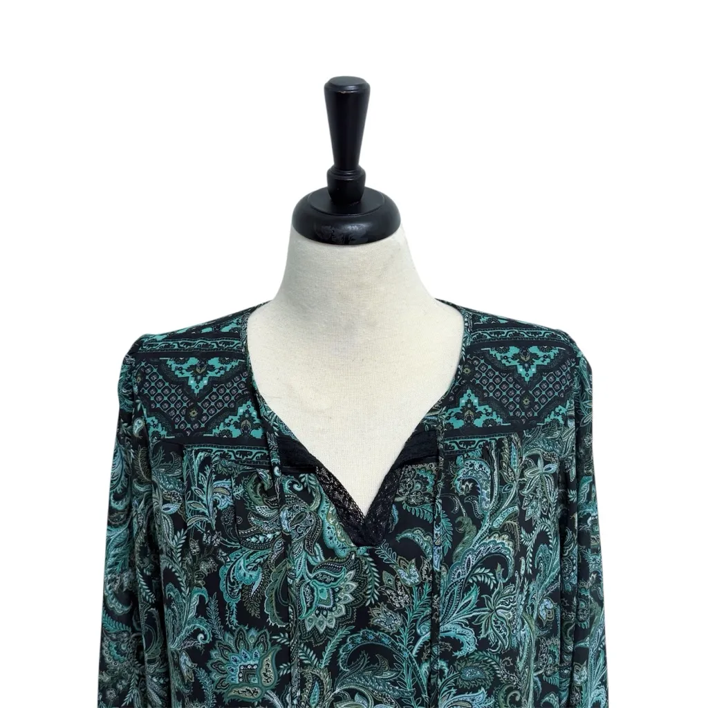 Kim Gravel Belle Black Green Paisley Sheer Sleeve Overlay Split V Neck Tie Top M Size M - Image 3