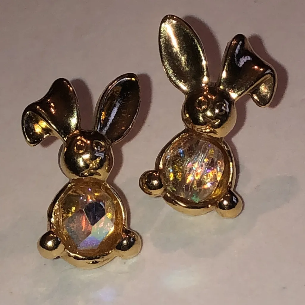 Gold Tone Bunny AB Rainbow Coated Stone Boho Earrings - Image 4