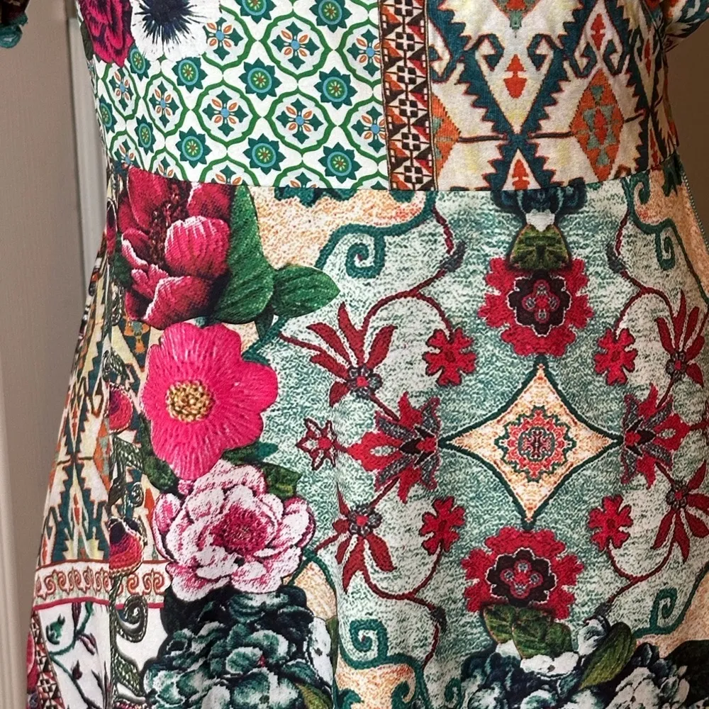 Geo And Floral Print Flutter Sleeve Tie Side Wrap Dress Size Large - Image 3