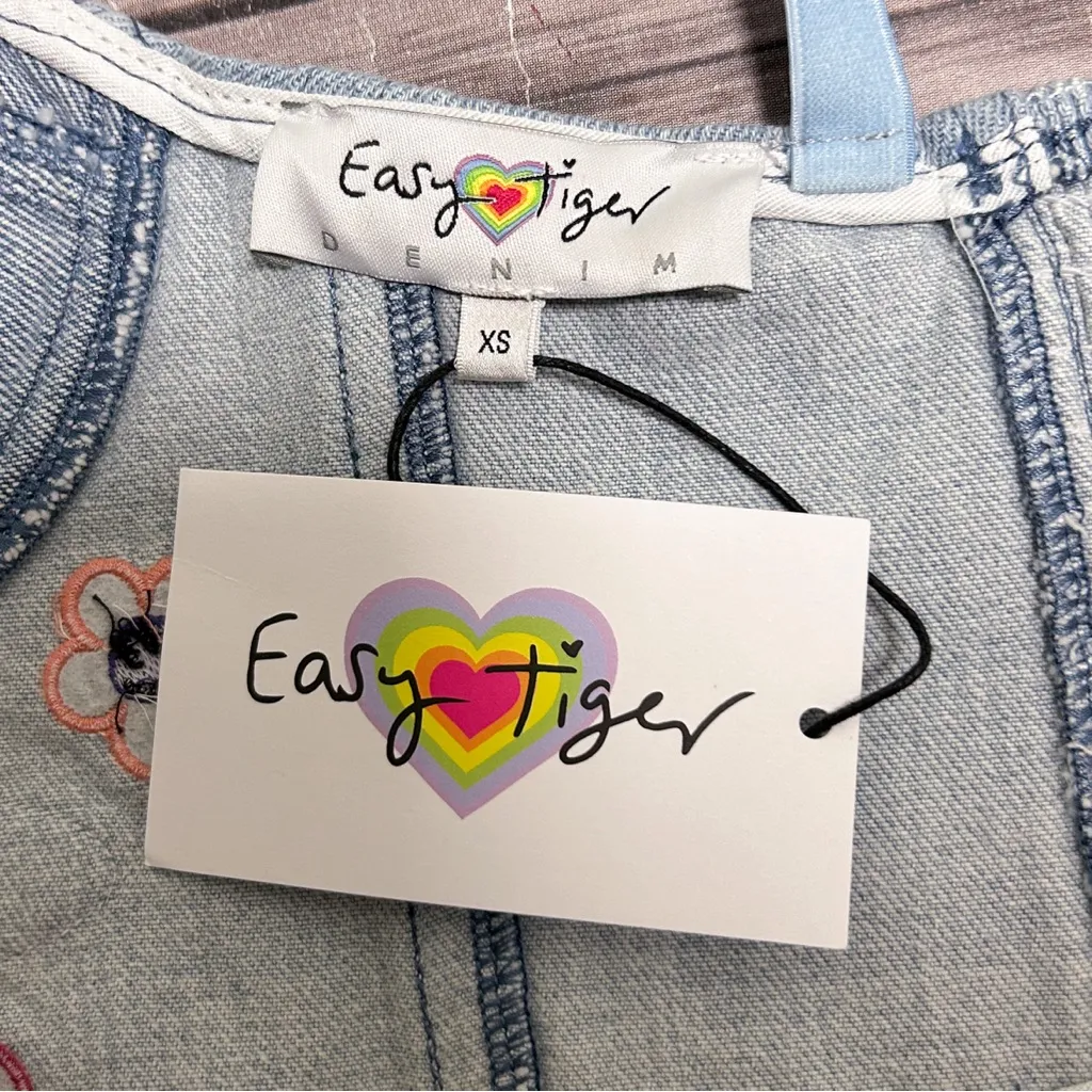 Easy Tiger Denim Flower Power Smiley Face Patches Zip Up Cropped Bustier XS NWT Blue - Image 6