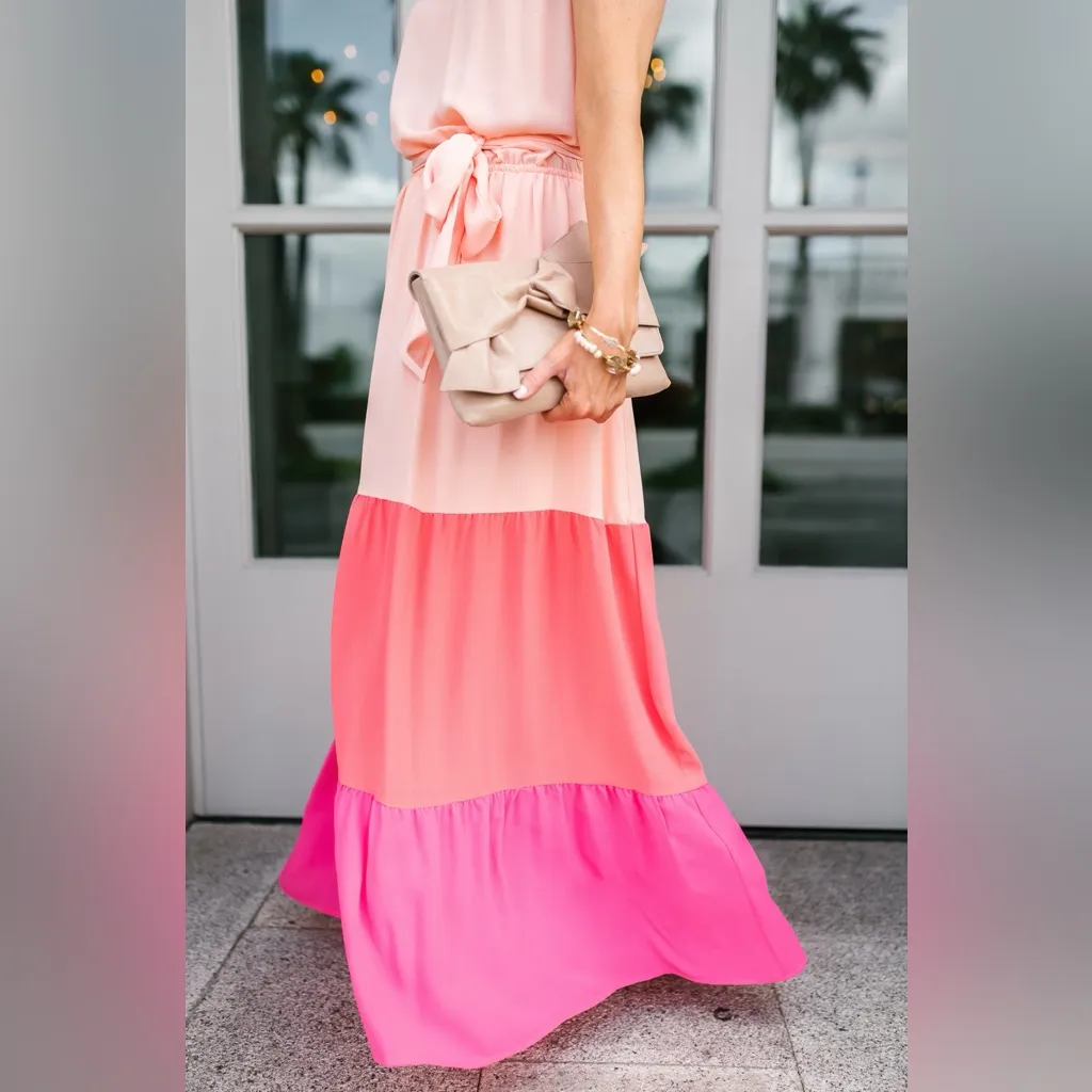 CeCe Halter Bodice Tiered Colorblock Maxi Dress Peach Orange Pink Size Medium‎ - Image 3