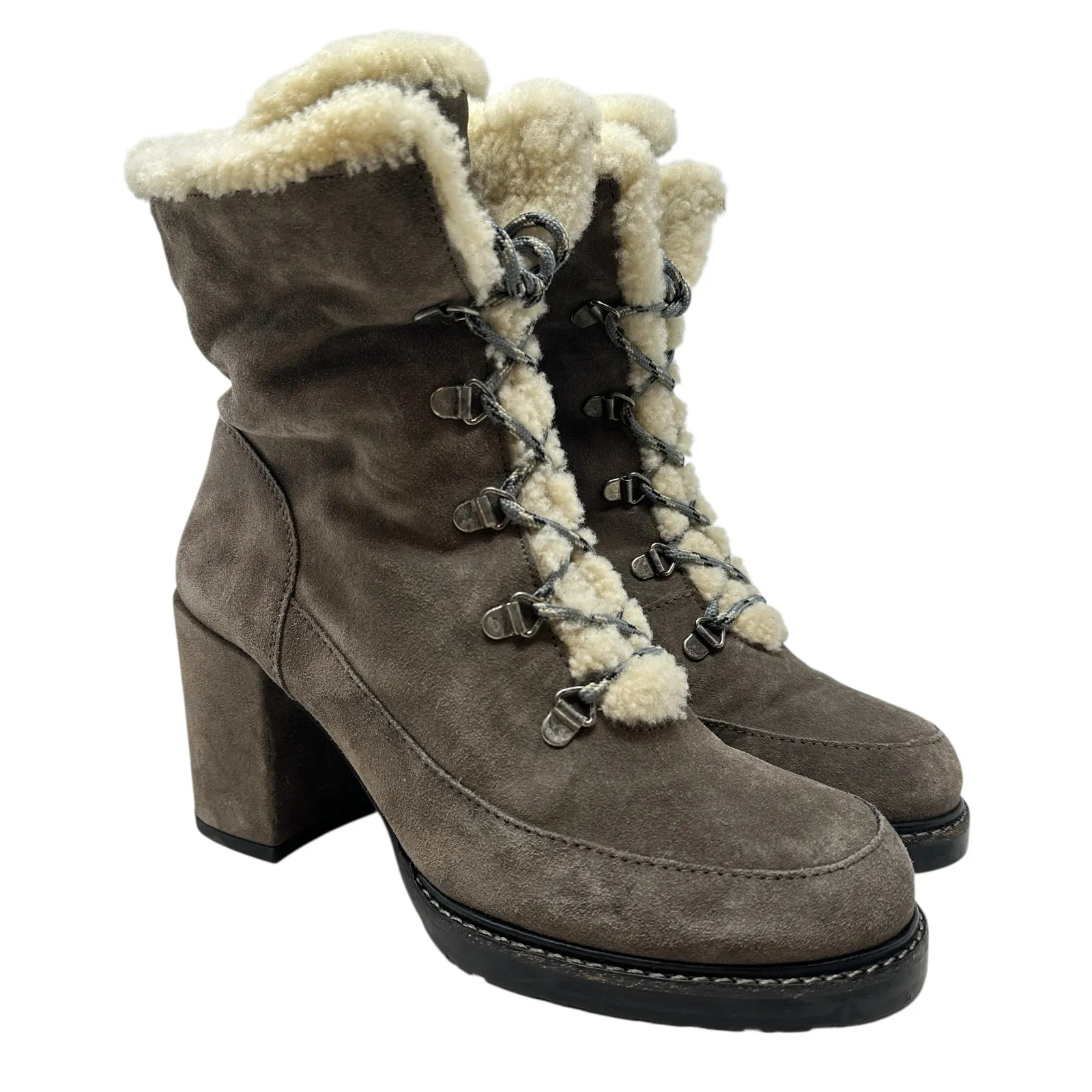 Stuart Weitzman Yukon Booties Dyed Shearling & Suede Block Heel Size‎ 8.5 - Image 2