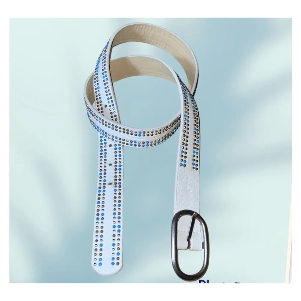 Turquoise & Silver Studded White Faux Leather Stylish Belt Size 34 - Image 4
