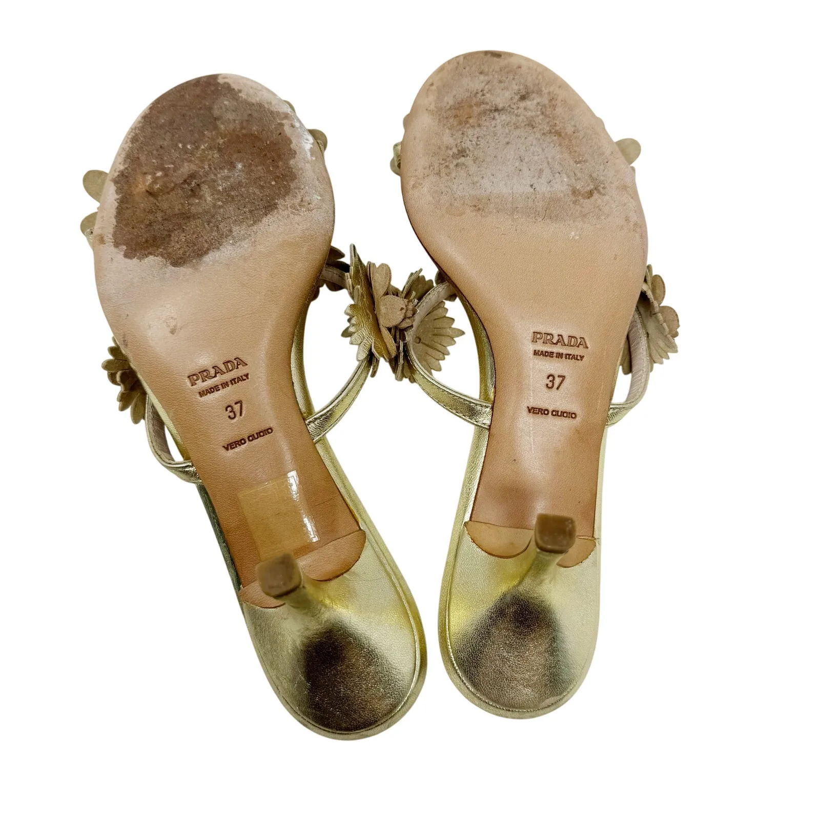 Vintage Prada Gold Leather Floral Embellished Kitten Heels Sandals 37 - Image 11