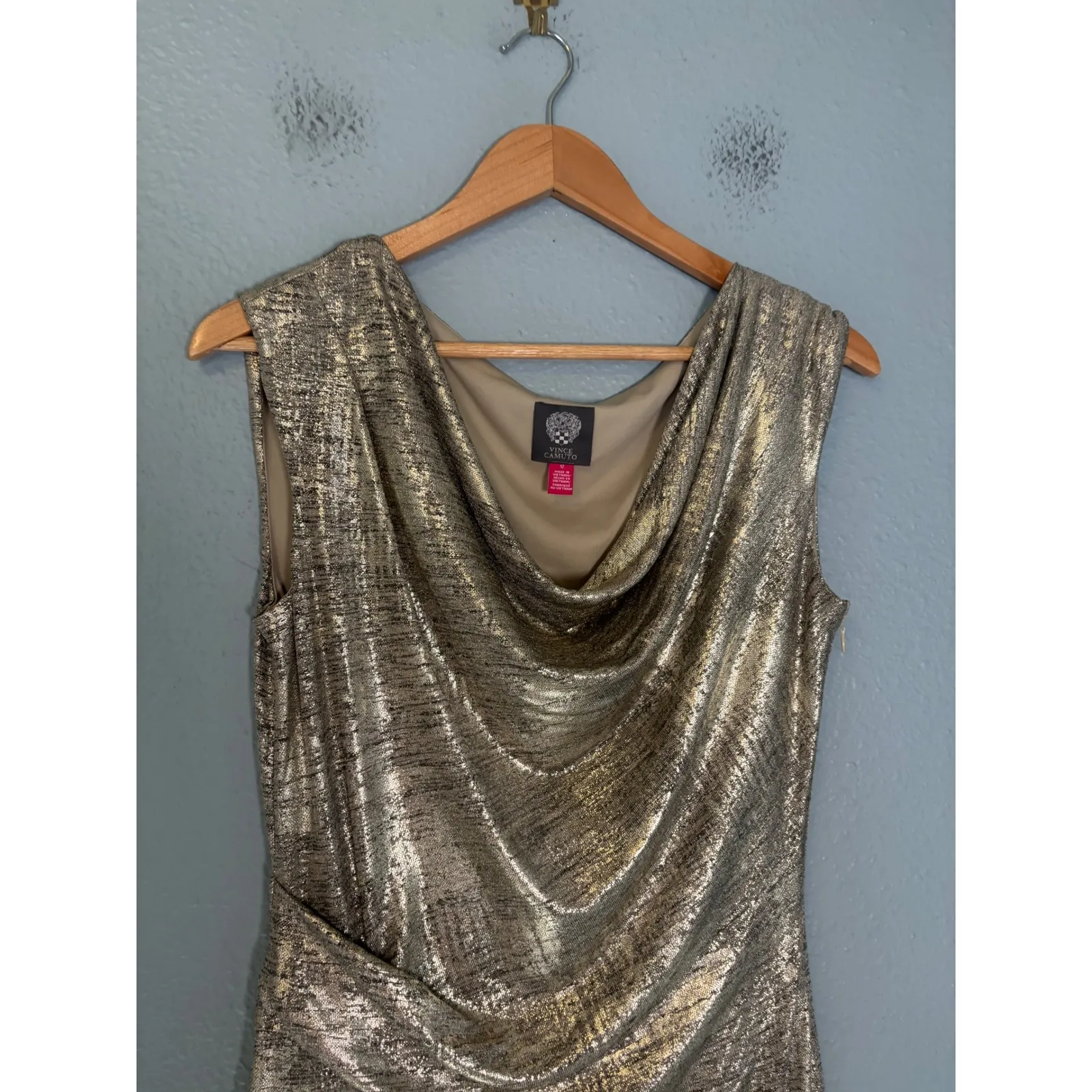 Vince Camuto Metallic Gold Ruched Cowl Neck Sheath Dress Size 12 Cocktail Party - Image 5