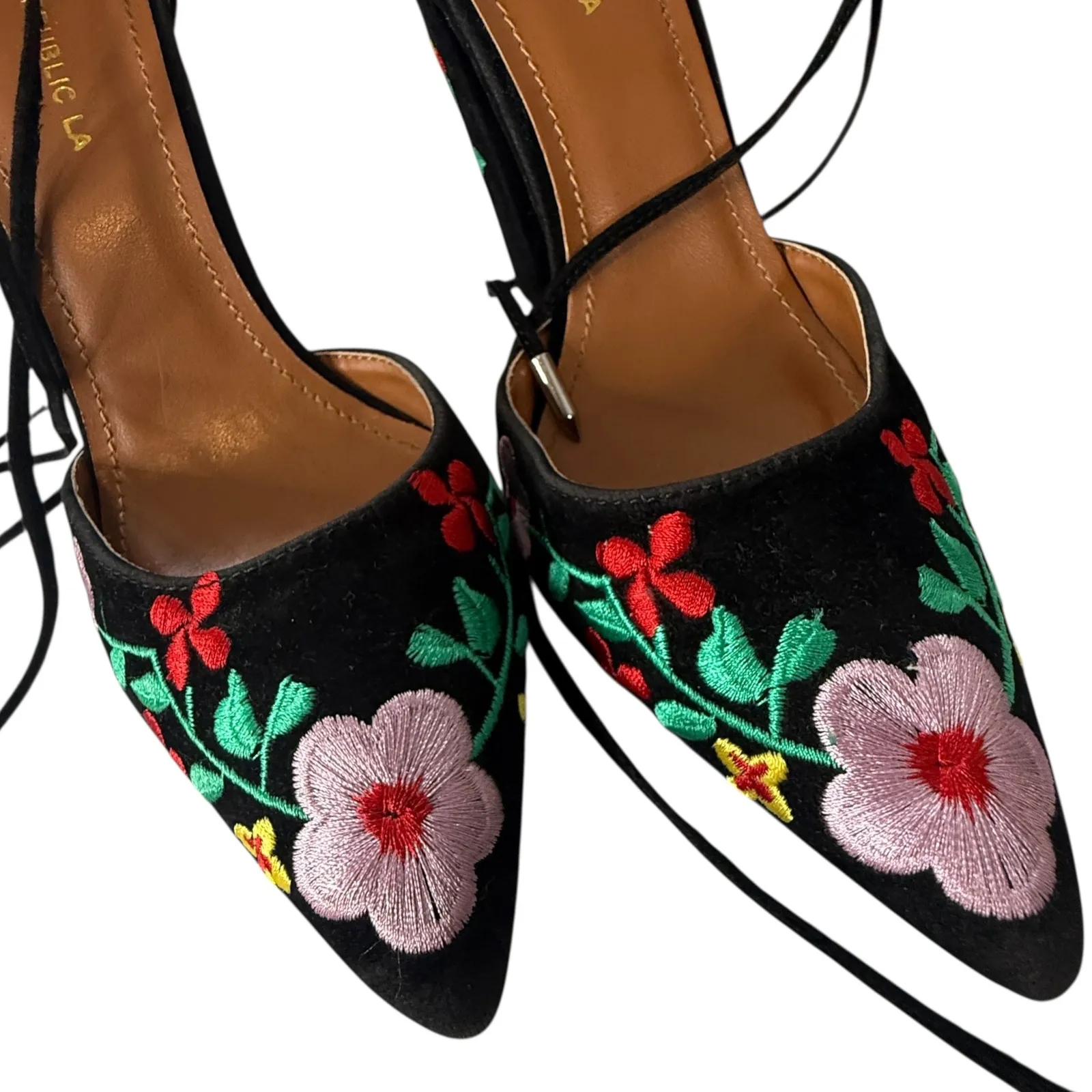 Shoe República LA Black Embroidered Floral‎ Pointed Toe Heels Tustin 9 Lace Up - Image 6