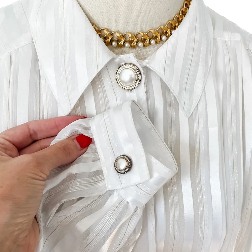Vintage white sheer & gold stripe peplum decorative button down blouse size 10/M - Image 2