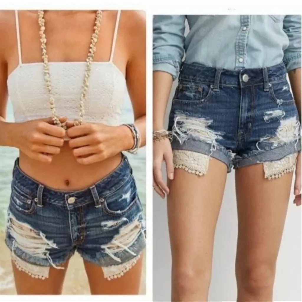 American Eagle Hi Rise Distressed Denim Festival Lace Shorts  2 - Image 2