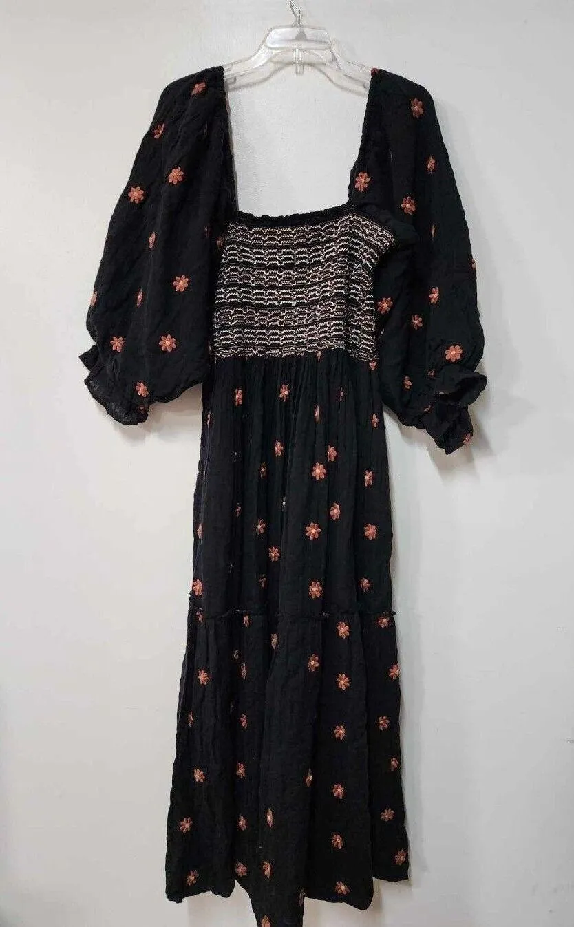 Free People Dahlia Embroidered Maxi Dress Black Combo Smocked Floral  B37 - Image 5