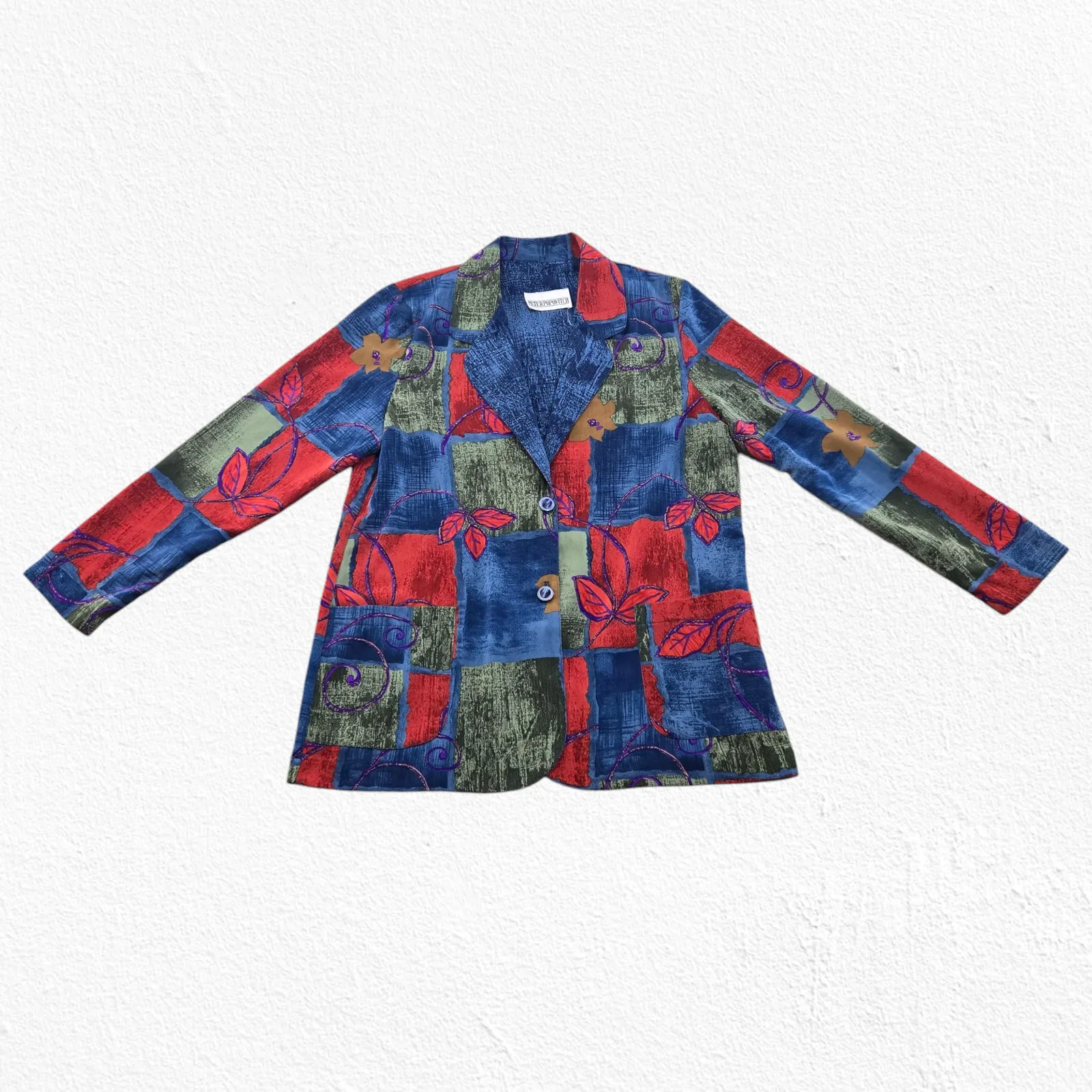 90s Vintage Peter Popovitch Patchwork Blazer Jacket Size Large Bold Fall Floral Red - Image 3