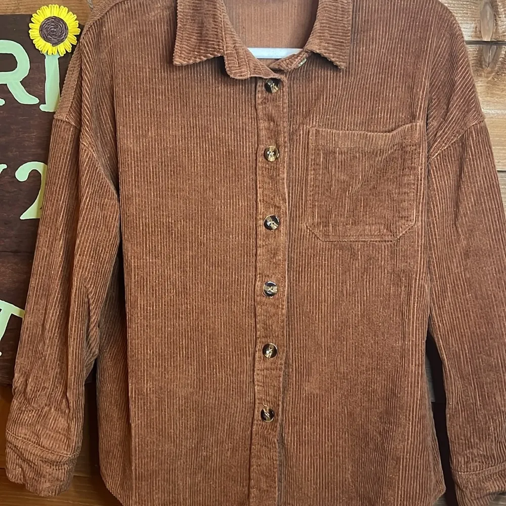 Brown Camel Button Corduroy Pocket Shacket Midweight Boho Lagenlook Genhoo Size M - Image 5