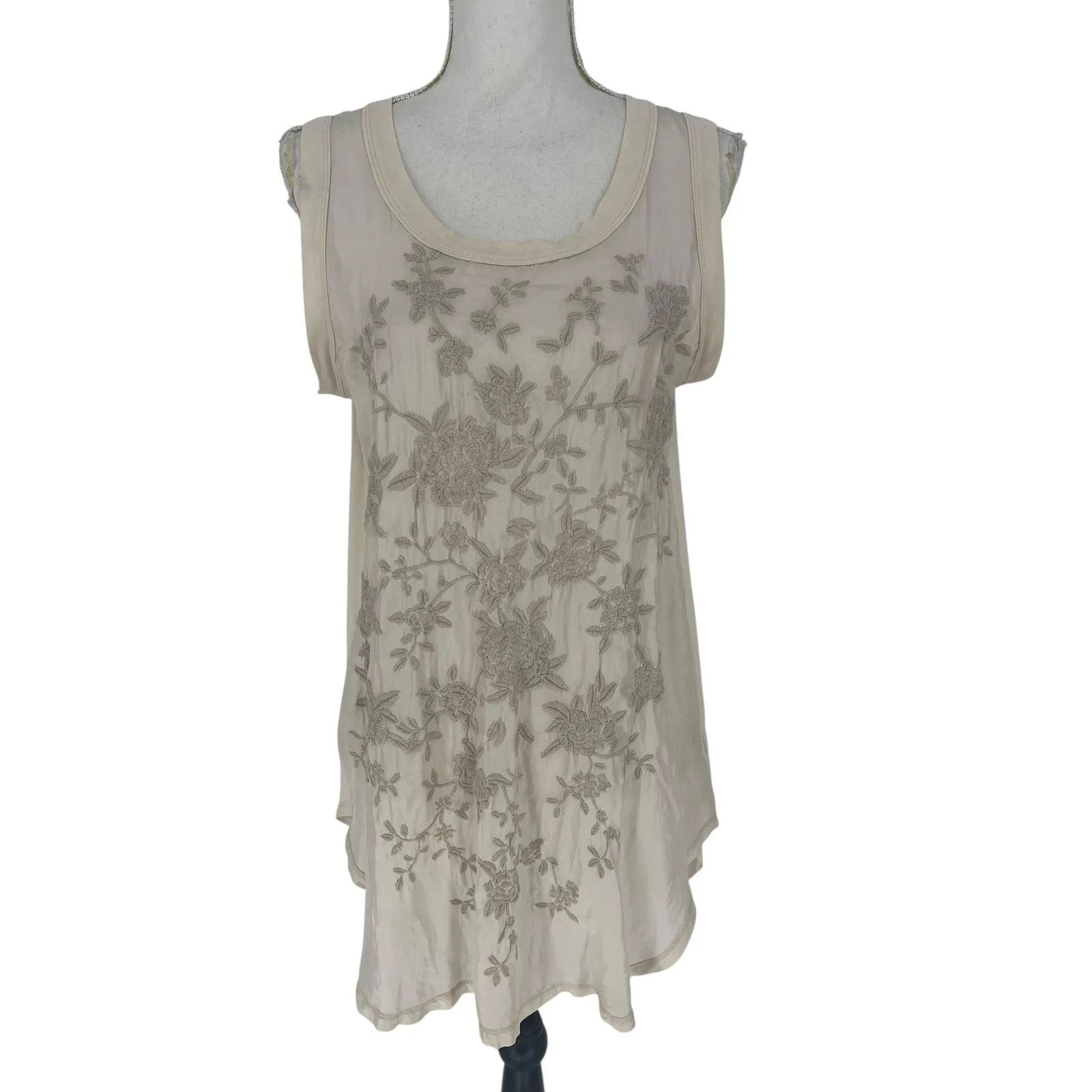 Johnny Was Cream Silk Floral Embroidered Sleeveless Tunic Top Size Small - Image 3