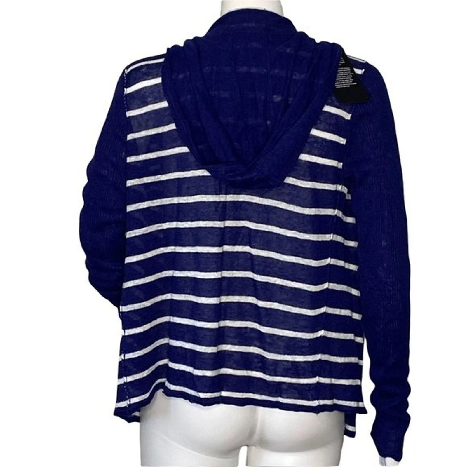 Chaser‎ Sweater Women Medium Open Cardigan Blue White Striped Hood Waterfall Hem - Image 3