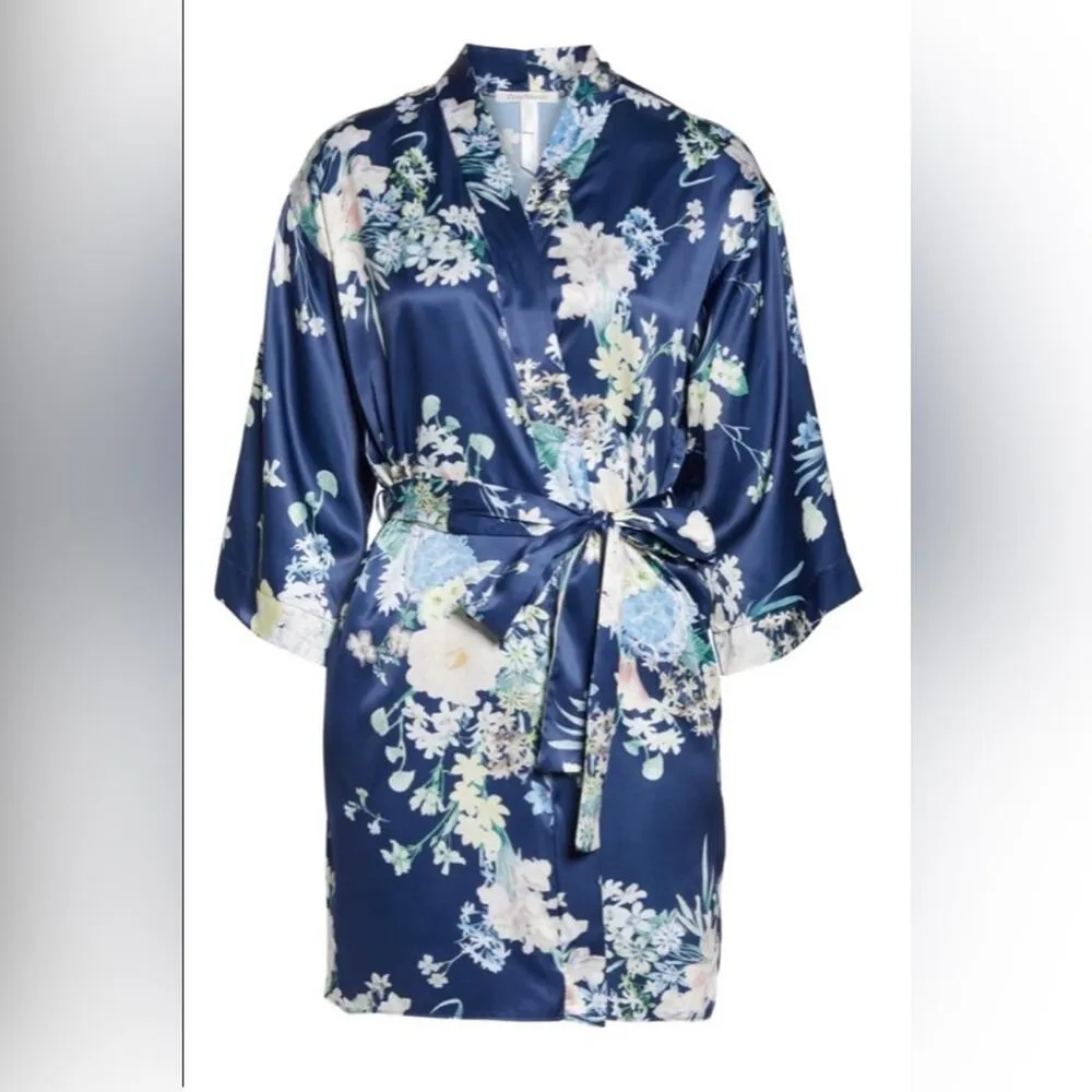Flora Nikrooz Satin Blue Floral Print Petra Short Robe Tie Belt M/L Medium Large - Image 3