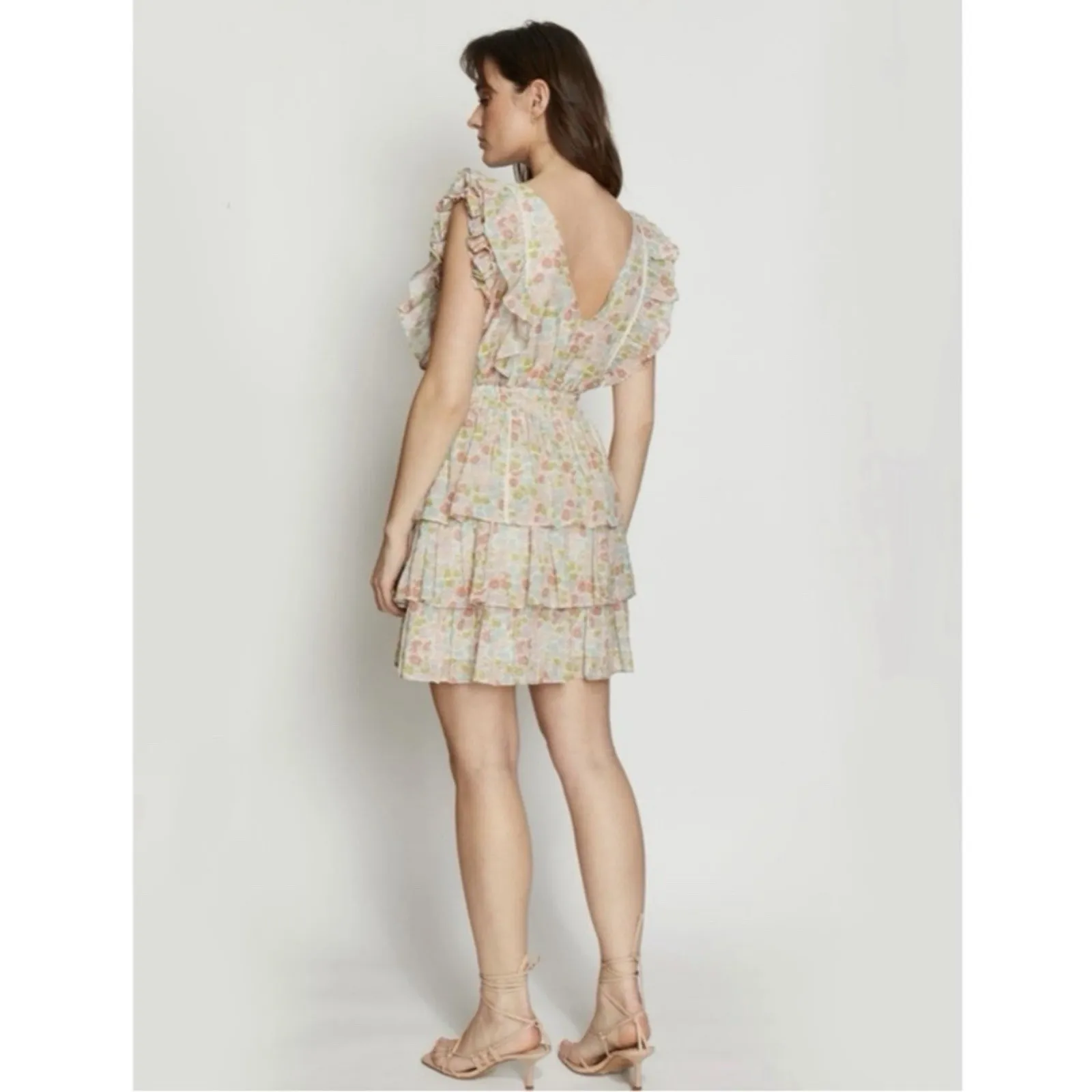 NWT Anthropologie Love The Label Ines Ivory Floral Tiered Ruffle Mini Dress - Image 3