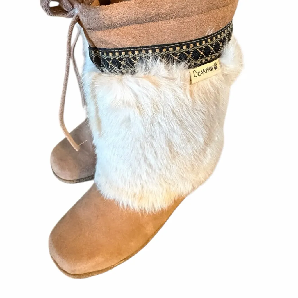 BEARPAW Genuine Sheepskin Suede Rabbit Fur-Trimmed Wedge Boots Women’s 8 - Image 6