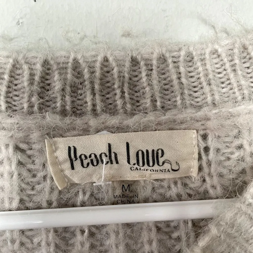 Peach Love California gray white boho chic crewneck knit sweater women size M - Image 3