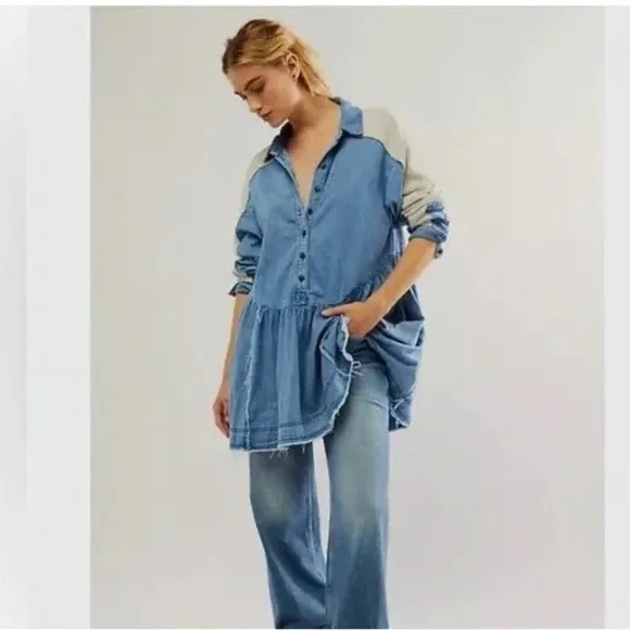 FREE PEOPLE Kenny Denim Mini Dress Tunic Waffle Raw Hem Boho Babydoll Size S - Image 15
