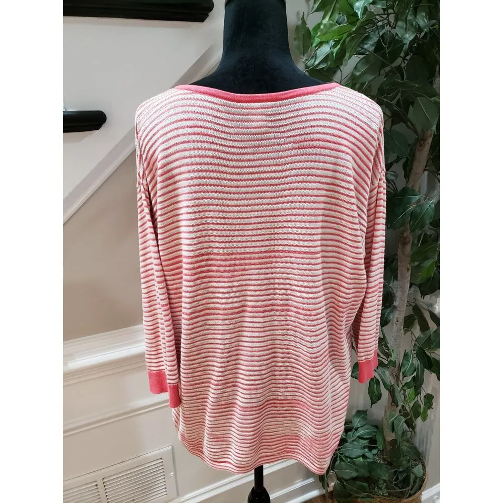 Chico's Womens Pink White Striped 100% Cotton V Neck Long Sleeve Sweater Size L - Image 2